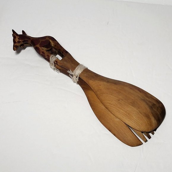 VTG Wooden Giraffe Wooden Salad Serving Set Fork and Spoon Hand Carved - Picture 8 of 12